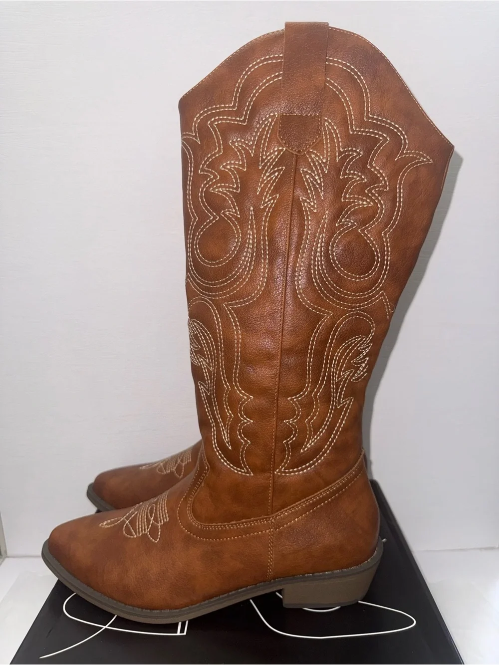 mysoft Embroidered Mid-Calf Cowboy Boots Pointed Toe BlockHeel Size 7.5